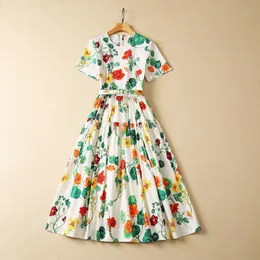 2023 Summer Multicolor Floral Print Belted Cotton Dress Kort ärm Runda halspanelen Midi Casual Dresses S3W270525