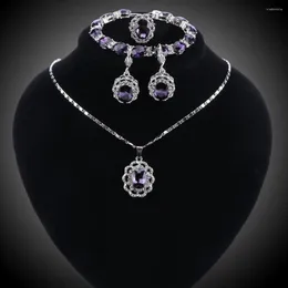 Necklace Earrings Set Fashion Women Jewellery Classy Purple Crystal Wedding Silver Color Jewelry Woman Dress Accessories