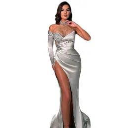 Sliver One Shoulder Evening Dresses Bead Halter Neck Abendkleider Prom Gown Side Split Pleat Party Dress