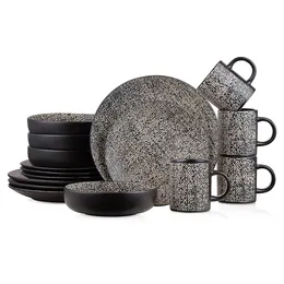 Stone Lain Sophie Rustic Stoneware Dinnerware Set for 4, Brown and Black Textured