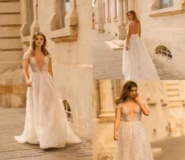 2020 Berta Wedding Dresses Deep V Neck Lace Appliqued A Line Sexy Backless Cap Sleeve Beach Wedding Gowns Sweep Train Boho Bridal 4716896