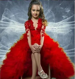 2021 Dark Red Girls Pageant Dresses For Teens spetsapplikationer Långa ärmar Höga lågnivda ruffles Storlek 13 Party Children Flower GI2983927