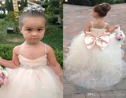 2022 Pageant Dresses For Girls With Bow Spaghetti Straps Flower Girl Dresses White Ivory Champagne Kids Ball Gowns Wedding Sash Be4647087