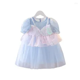 Kız Elbiseler 1-4 yıl boyunca moda Toddle Bebek Yaz Kıyafetleri Prenses Sequin Dantel Yanlış Yelek Partisi Gece Elbise Pembe/Mavi Tutu