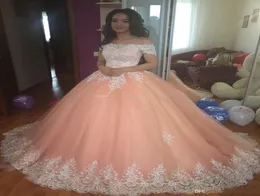 Elegant Blush Pink Ball Gown Quinceanera Dresses Off Shoulder White Lace Appliques Tulle Plus Size Sweet 16 Dresses Saudi Arabic P2238990