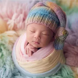 I9uu Psqv 2 Farben Regenbogen-Baumwollgarn-Wickel für Neugeborene, Stretch, Pucken, Fotografie-Requisiten, Säuglingsdecke, weiche Foto-Requisiten, Decken für 0–2 Monate alte Babys