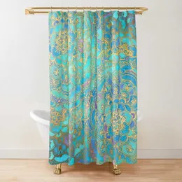 Shower Curtains Sapphire jadeite dyed glass shower curtain Mandala flower line display art works fabric bathroom decoration set with hook