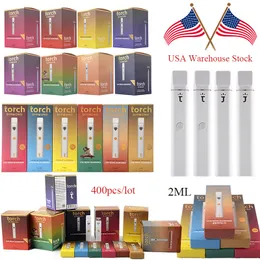 USA Stock Torch T Logo Diamond 2ml E Cigarettes Empty Disposable Vape Pen 400pcs Per Lot Cartridges Package Rechargeable 12 Flavors Vaporizers Rechargeable