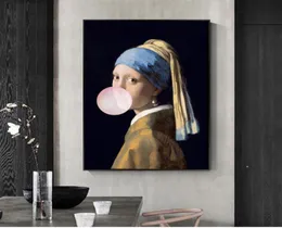 Girl with Pearl Earrings Famous Art Canvas Oil Painting Reproductions Girl Blow Pink Bubbles Wall Art Posters Picture Home Decor2638005