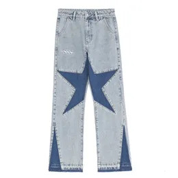 Herr jeans mode stjärnor hiphop jeans kontrasterande färger lapptäcke raka jeans byxor män retro rippade överdimensionerade casual denim byxor 230529