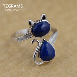 Solitaire Ring Real 925 Sterling Silver Lapis Lazuli Natural Stone Ring Lovely 고양이 여성을위한 사랑스러운 고양이 반지 절묘한 Fine Jewelry 230529