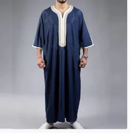 Ethnic Clothing Summer Kaftan Muslim Men Short Sleeve Embroidery Loose Breathable Casual Robe Islamic Abaya 230529