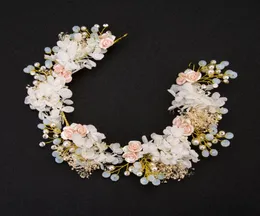 Luxury Bride Hair Accessories Pink Flower Crystal Bridal Headband Pearl Floral Beach Wedding Tiara Hair Jewelry Headpiece Party8969543