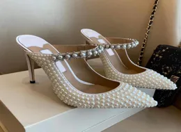 Beige highheeled slippers Gemembellished studded anklet mules baily shoes Rhinestone beaded pearl sandals women Luxury Designers626985812