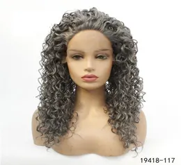 Afro Kinky Curly Synthetic Lacefront Wig Dark Grey Simulation Human Hair Lace Front Wigs 1426 inches Pelucas For Women 194181176700376