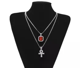 Egyptisk Ankh -livsnyckel Bling Rhinestone Cross Pendant med Red Ruby Pendant Halsband Set Men Woman Fashion Hip Hop Jewelry Part1253214