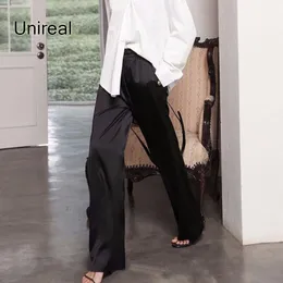 Capris Unireal 2022, pantalones de pierna ancha para mujer, pantalones de satén de cintura alta, pantalones casuales de seda a la moda, pantalones negros sueltos para mujer, ropa de calle