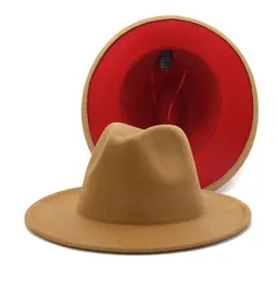 Tan Red Patchwork Wool Felt Jazz Fedora Hats Wide Brim Women Men Party Wedding Cowboy Trilby Panama Gambler Hat9365408