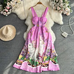 High end light luxury elegant style bra and suspender dress European and American fashion waistband show slim sleeveless A-line printed dress