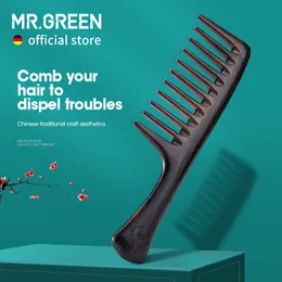 Saç Fırçaları Mr. Green doğal ahşap tarak geniş diş ıslak saç tarakları uzun saç başı akupunktur nokta masajı 230529 için anti-statik stil tarağı