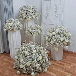 装飾的な花80/70/60/50/40cm白い赤ちゃん呼吸ローズ人工フラワーボールウェディングテーブルセンターピースデコジプソフィラフローラルイベント