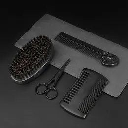 Hair Brushes Wood Beard Kit Beard Brush Scissor Set Double-Sided Styling Comb Repair Modeling Cleaning Care Kit for Men Gift 230529