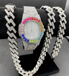 3PCS Mens Hip Hop Jewelry Set Iced Out Watch Necklace Bracelet Bling Miama Cuban Chains Women Gold Watches Manreloj Hombre W2204192023007