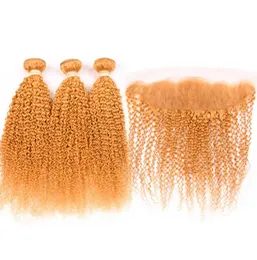 Silanda Hair Pure Orange Colored Kinky Curly Remy Human Hair Weaving Bundles 3 Weaves With 13X4 Lace Frontal Closure 4898196