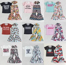 Fashion Kids Designer Clothes Girl Sets Boutique Baby Girls Clothing Set with Bow Cute Toddler Outfit Short Sleeve Bell Bottom Pan3765014