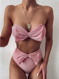 Pink Bow Strapless High midja 2023 Women's Two Piece Bikini Set Bandeau Bathtub Swimwear P230530