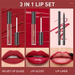Lip Gloss 3in1 3pcs Liquid Lipstick Liner Set Makeup Velvet Tint Long Lasting Non-stick Cup Glaze Cosmetics Kit
