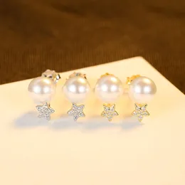 New Mody Women 3a Zircon Star Pearl Stud Brincos de luxo S925 Brincos de ponta de alta prata Charme fêmea Feminina Brincos de ouro de 18k Jóias do dia dos namorados