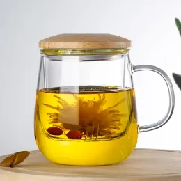 Vidro de infusão de vidro de alto borosilicato chá doméstico copo de chá separado com tampa filtro de vidro tampa de bambu flor copo de chá Wa