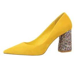 2019 Female 8cm High Glitter Heels Block Pumps Ladies Sexy Chunky Tacones Heels Woman Scarpin Elegant Party Wedding Yellow Shoes6393559