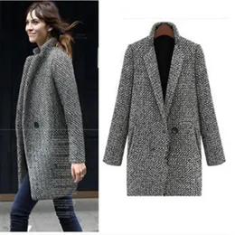 Päls vintage Autumn Winter Woolen Coat Single Button Pocket Long Trench Coat Ytterkläder Kvinnor Houndstooth Cotton Blend Coat