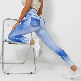 Pantalones de mujer Capris Impreso Denim Azul Pantalones sin costura Mujer Cintura alta Push Up Mujer Medias Fitness Entrenamiento Leggins Gimnasio Ropa J230529