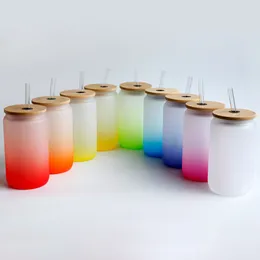 Vetro a sublimazione del colore sfumato da 16 once con coperchio in bambù Sublimazione della lattina di birra Borosilicato Bicchieri Vaso Tazze Tazza con cannucce riutilizzabili