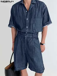 Męskie spodnie 2023 Mężczyzn Rompers Solidny kolor Lapel Button Short Sleeve Faux Dżins Jumpsuits Men Streetwear Stylowe kombinezony S-5xl Incerun L230520