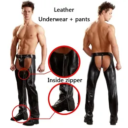 Pants Men Cowboy Chaps Pants z strintami skórzane spodnie Seksowne dupę bez mężczyzn dla mężczyzn spodnie Moto Strippel Stripper