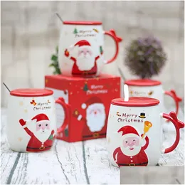 Mugs Christmas Gift Cartoon Cups Santa Claus Tryckt lock Spoon Creative Porcelain Office Cute Fashion Coffee VT1706 Drop Deli Dhajr