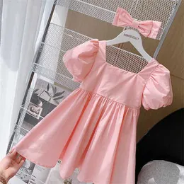 Девушка платья 2pc Bow+платье для девочек одежда для девочек летние платья для принцессы для детей хлопок милое платье для шпильки для девочек детские аксессуары AA230531