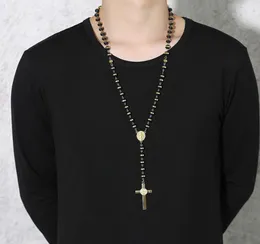BlackGold Color Long Rosary Necklace For Men Women Stainless Steel Bead Chain Cross Pendant Women039s Men039s Gift Jewelry 9710482