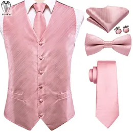 Blazers HiTie Luxury Silk Mens Vests Rose Gold Pink Striped Waistcoat Necktie Bowtie Hanky Cufflinks Set Waist Jacket For Men Wedding