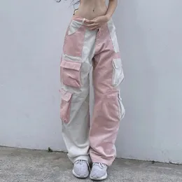 Kadın Pantolon Capris Birleştirme Çarpışma Rengi Yüksek Bel Corduroy Sokak Amerikan Tarzı Çok Lokok Düz Gündelik Geniş Bacak Kargo Kadınları 230530
