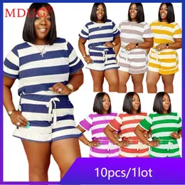 Women's Tracksuits 10sets Summer Striped Two Piece Set Outfits Women Casual Short Sleeve O-neck Shirt Shorts Suits Y2k Tracksuit Wholesale