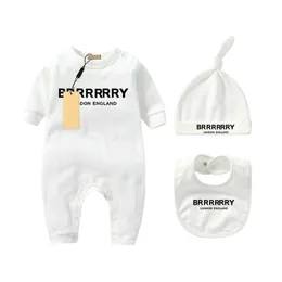 Spädbarnsfödda Baby Girl Designer Märke Brev Kostym Overall Kläder Jumpsuit Barn Bodysuit för bebisar Outfit Romper Outfi haklapp hatt 3-delat set