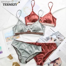 Kılavuz Panties Termyzy Yeni Kadınlar İç Çamaşırı Telsiz Saten Sütyen İnce 3/4 Bardak Sütyen ve Panty Set Hollow Palie Kadın Brassiere Bralette L230518