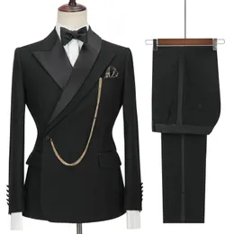 Jackor 2022 Custom Made Black Groom Tuxedo Peaked Lapel Double Breasted Men Suit Prom Wedding Party Mens Suits Costume (Jacket+Pants)