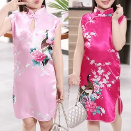 Girl's Dresses Cheongsam Dress 2Y-8Y Baby Girl Summer Clothes Peacock Sleeveless Slim Traditional Dress Child Girls Clothes Chinese Style Qipao 230530