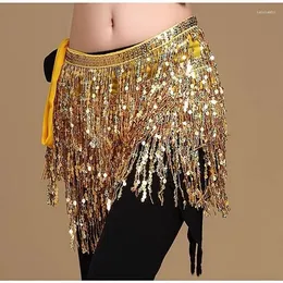 Stage Wear Belly Dance Waist Chain Sequins Four Layer Tassel Cover Performance Practice Lace Up Hip Scarf Skirt